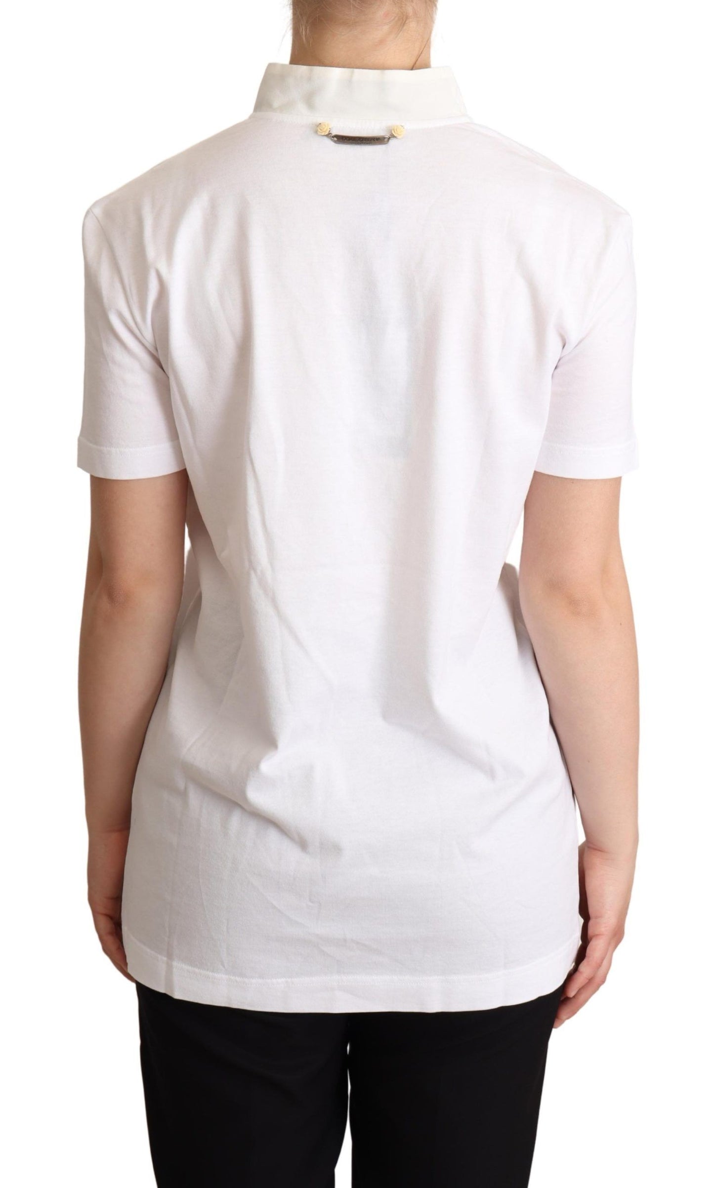 Dolce & Gabbana – Weißes T-Shirt aus Baumwoll-Seiden-Mischgewebe mit Ascot-Kragen