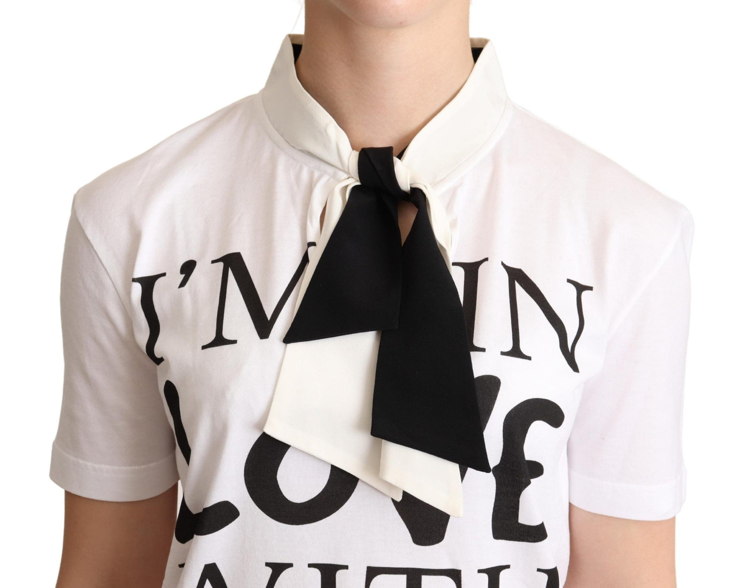 Dolce & Gabbana – Weißes T-Shirt aus Baumwoll-Seiden-Mischgewebe mit Ascot-Kragen