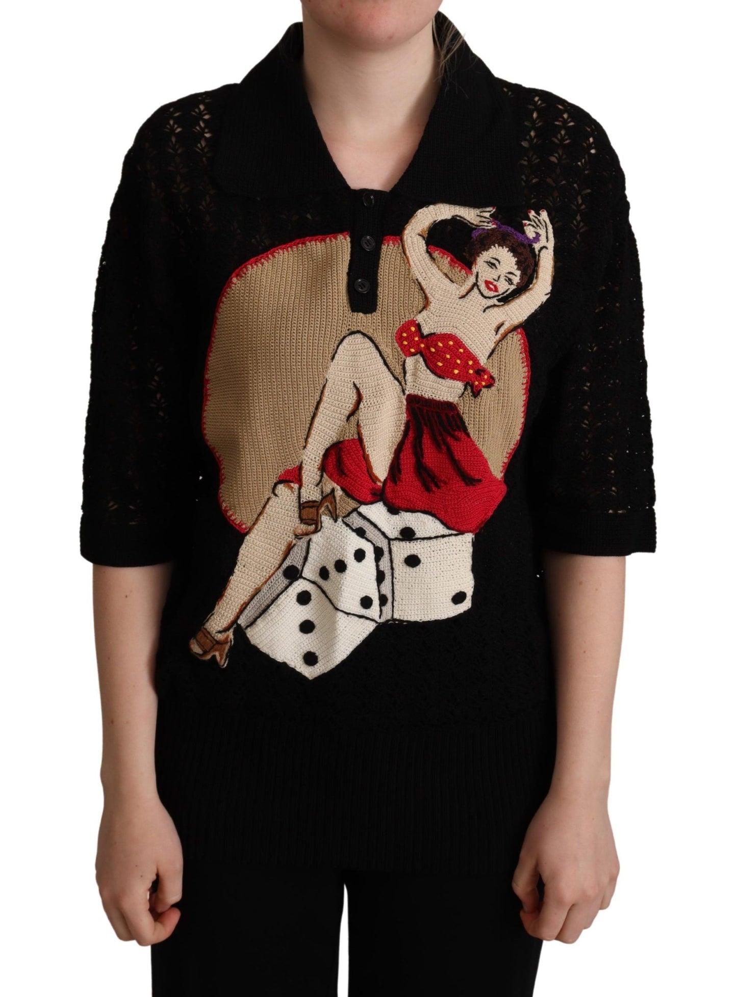 Dolce & Gabbana – Schwarzer, bestickter Strickpullover aus Baumwolle