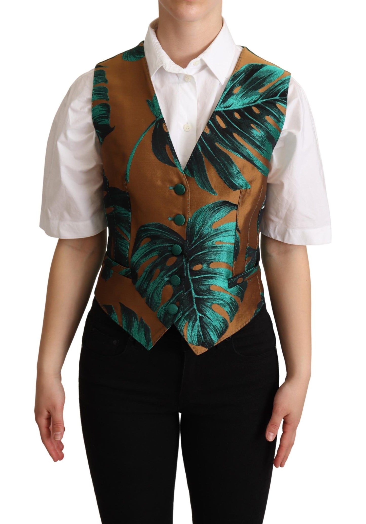 Dolce & Gabbana Weste-Cardigan mit grünem Jacquard-Blattgold