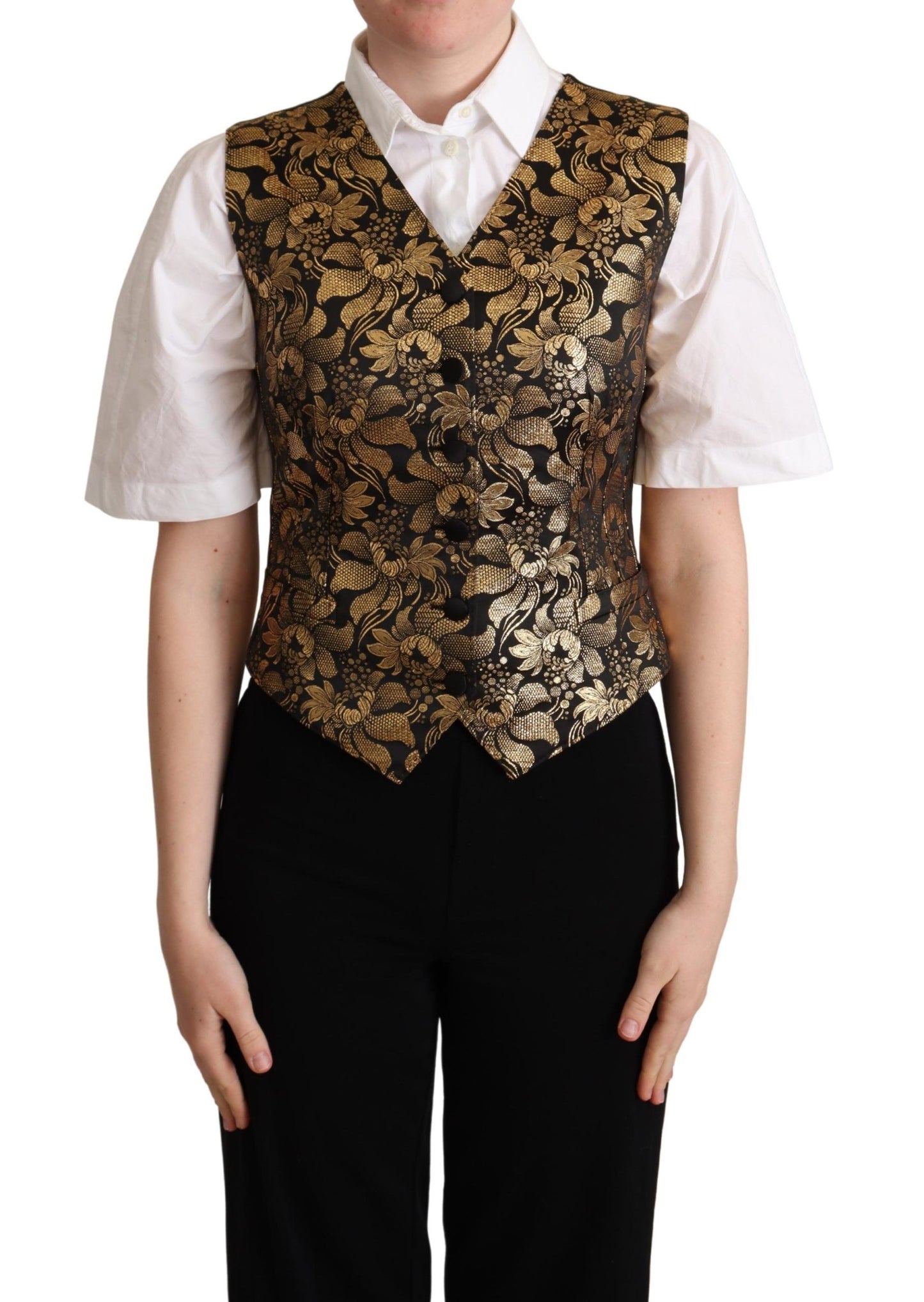 Dolce & Gabbana Weste-Cardigan aus schwarzgoldener Jacquard-Seide