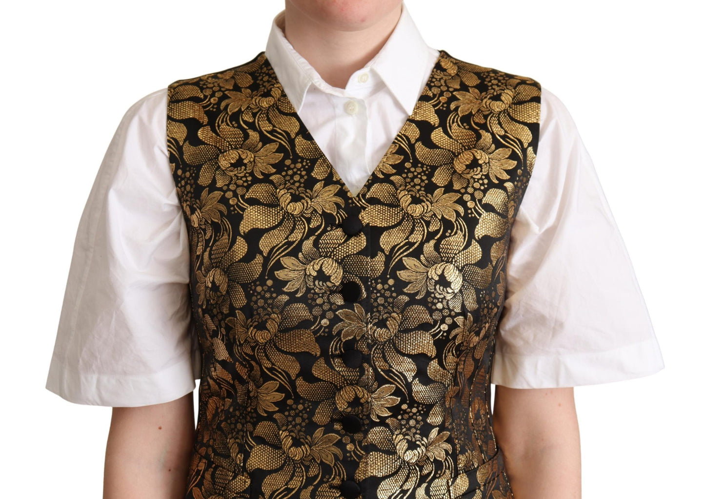 Dolce & Gabbana Weste-Cardigan aus schwarzgoldener Jacquard-Seide