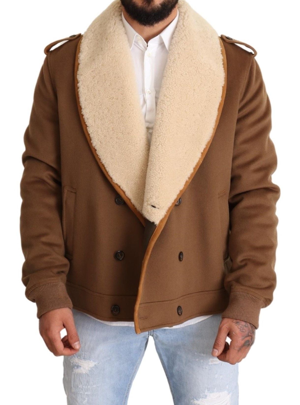 Dolce & Gabbana – Braune, zweireihige Lammfell-Manteljacke