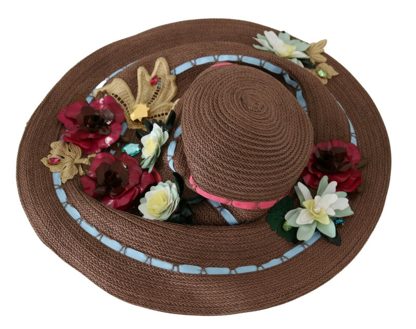 Dolce & Gabbana – Brauner Strickhut aus Stroh mit Blumenmuster