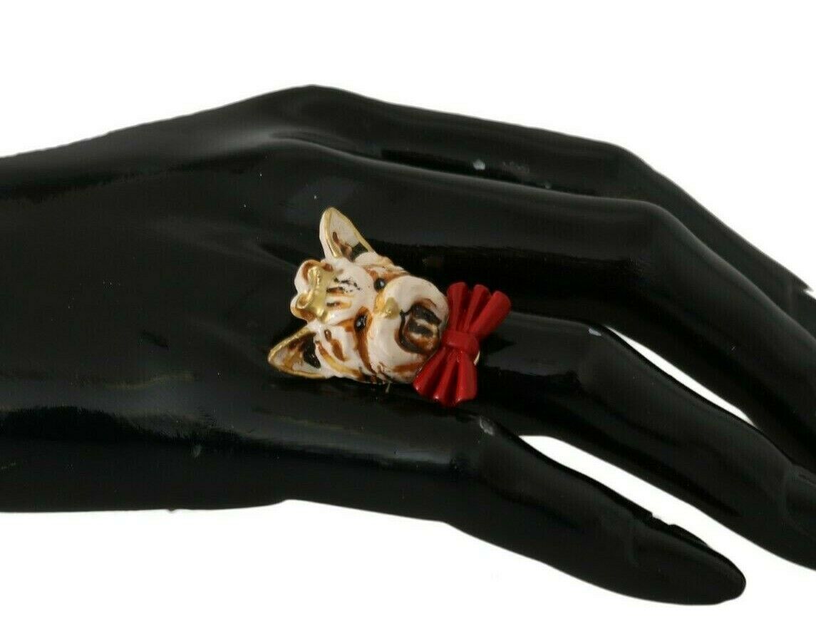 Dolce & Gabbana Gold Messing Harz Beige Hund Haustier Marke Accessoire Ring