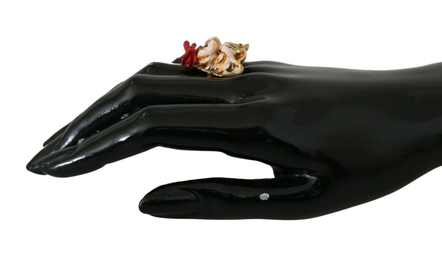 Dolce & Gabbana Gold Messing Harz Beige Hund Haustier Marke Accessoire Ring