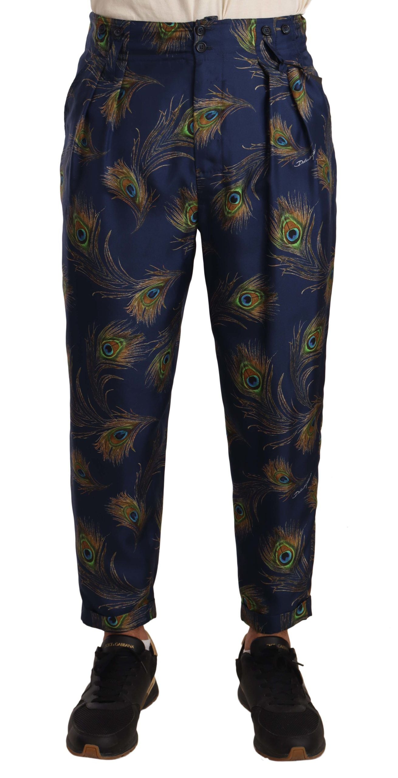Dolce & Gabbana – Karottenhose aus Seide mit blauem Pfauenmuster