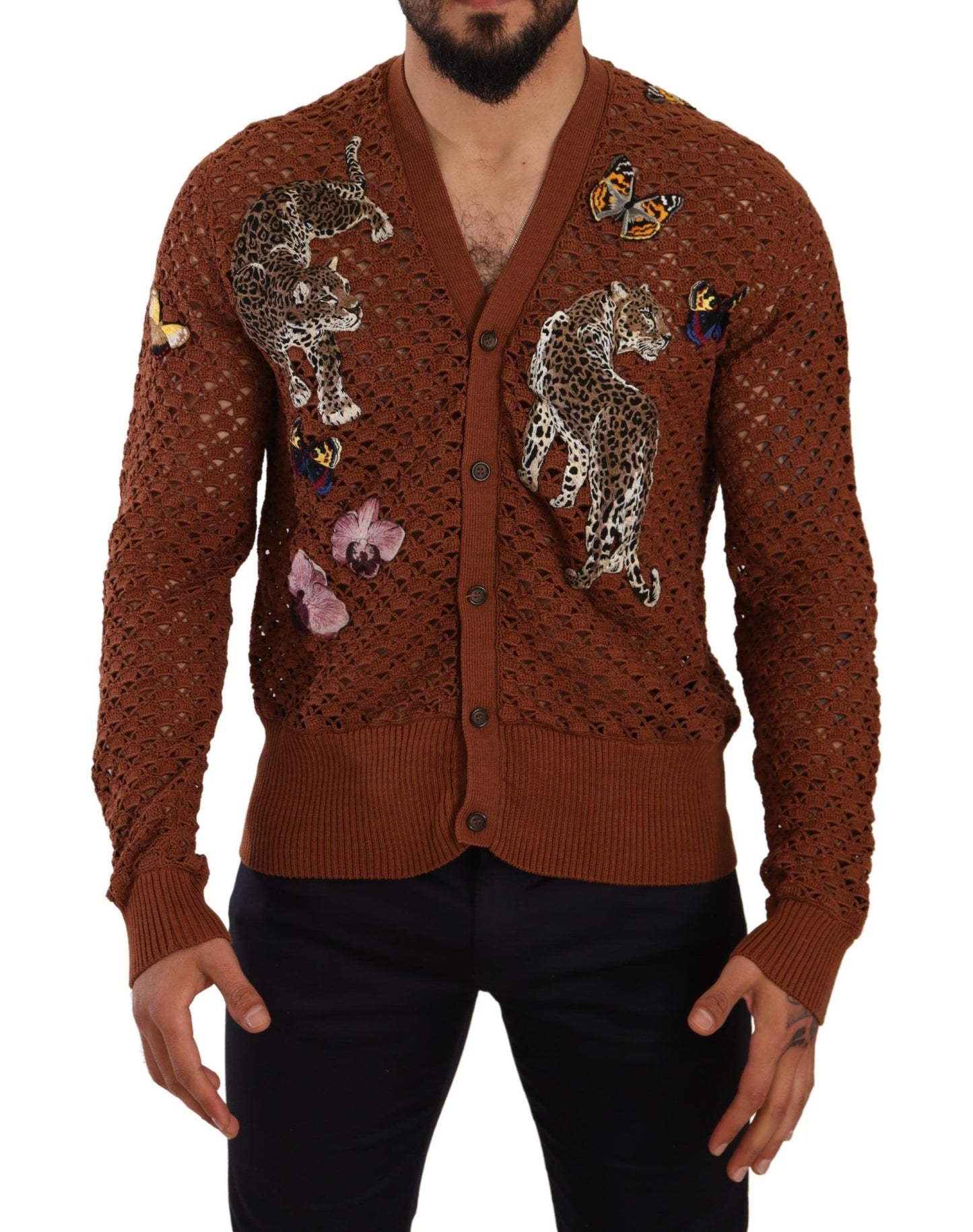 Dolce & Gabbana Brauner Cardigan-Pullover mit Leopardenmuster und Schmetterlingen