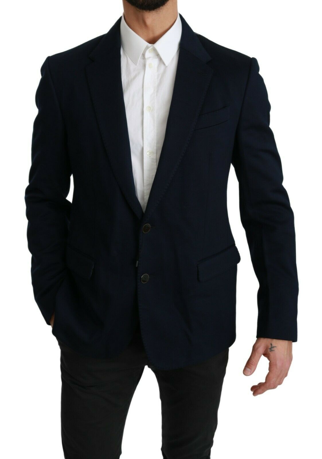 Dolce & Gabbana Blauer, einfarbiger Stretch-Jackenblazer aus Baumwolle und Seide