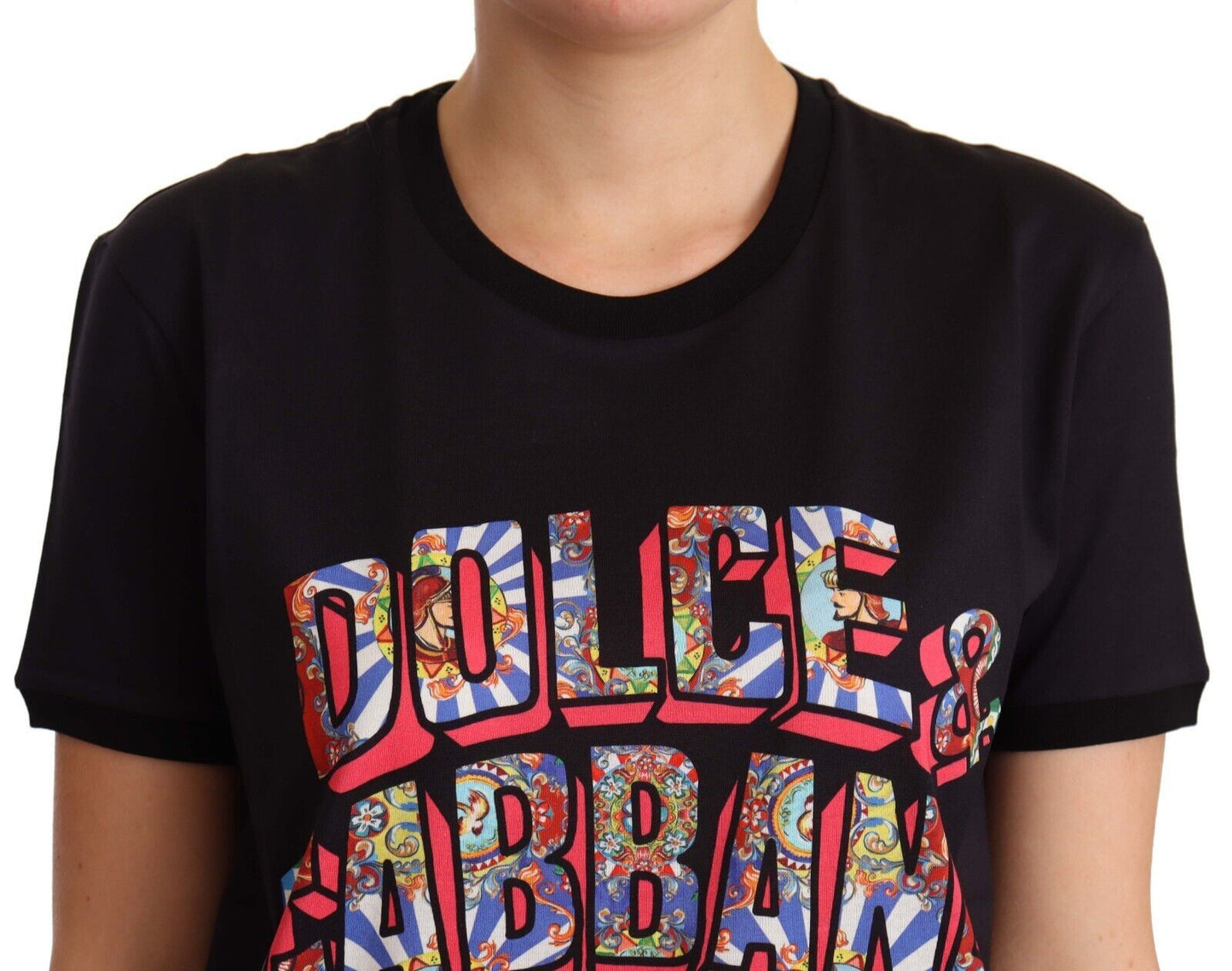 Dolce & Gabbana – Schwarzes T-Shirt mit Rundhalsausschnitt und großem Aufdruck aus Baumwolle