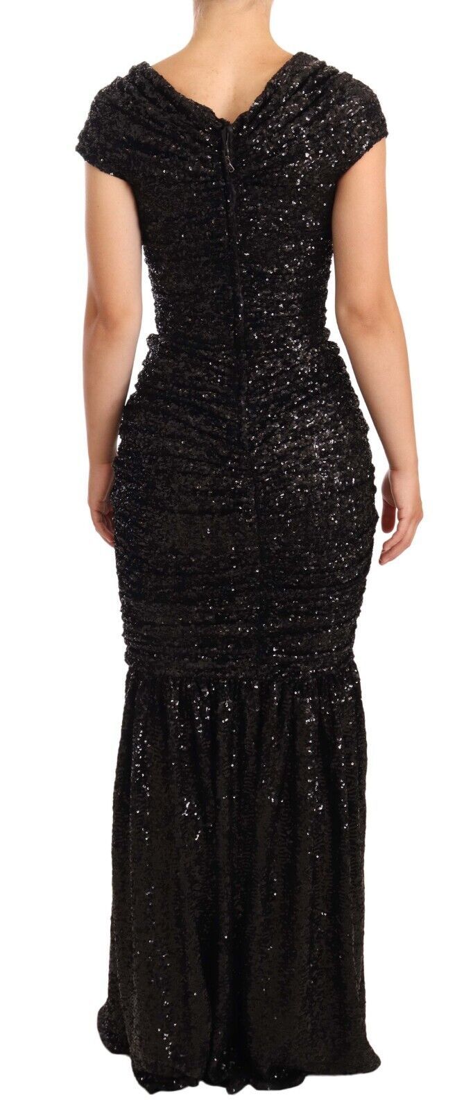 Dolce & Gabbana – Langes, schulterfreies Kleid mit schwarzen Pailletten