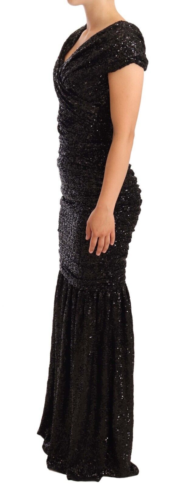 Dolce & Gabbana – Langes, schulterfreies Kleid mit schwarzen Pailletten