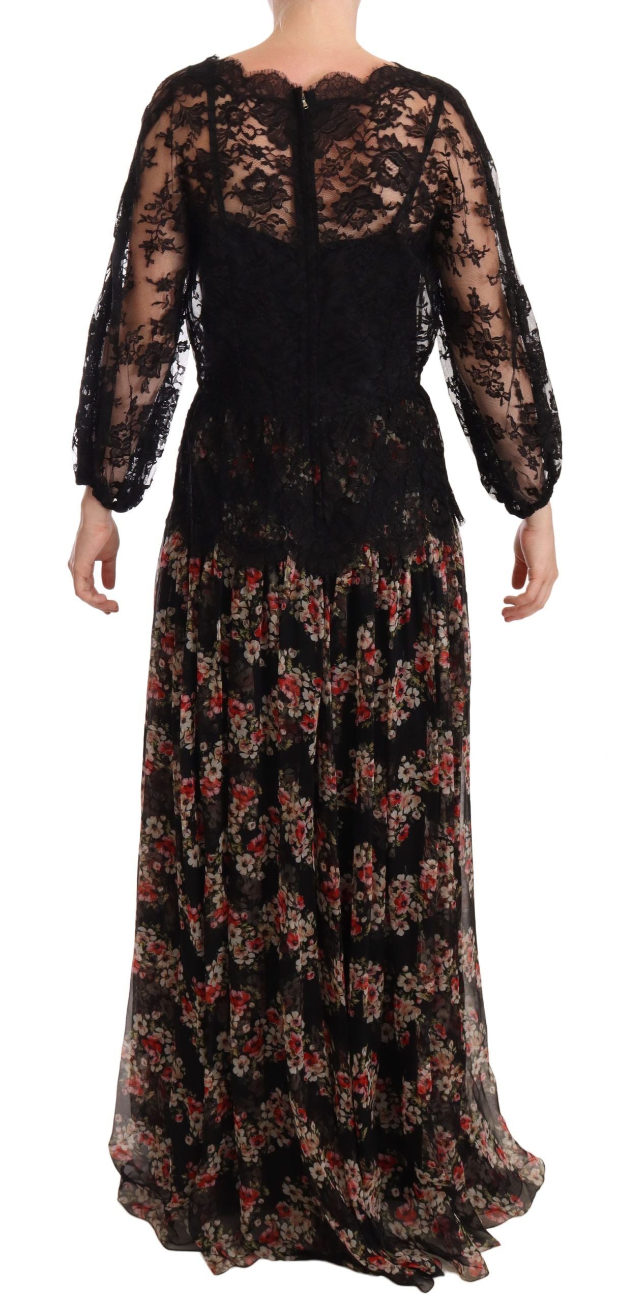Dolce & Gabbana – Maxi-Caprikleid mit Blumenmuster und schwarzer Spitze