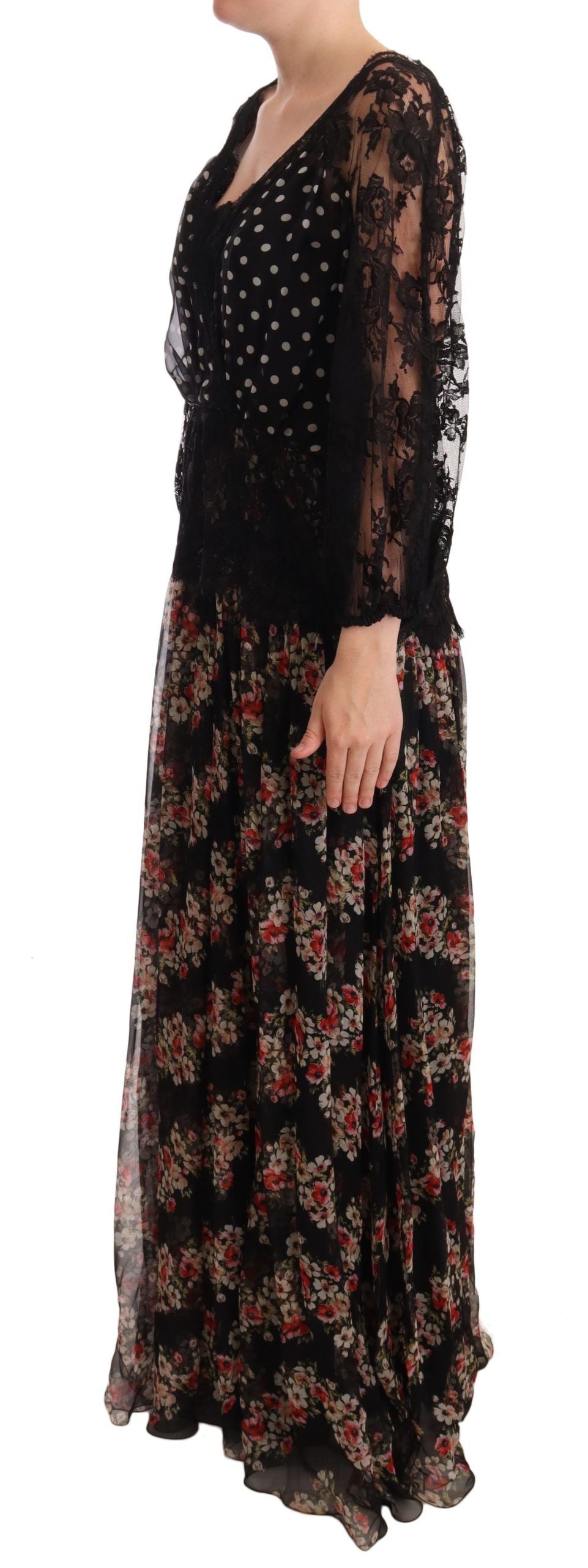 Dolce & Gabbana – Maxi-Caprikleid mit Blumenmuster und schwarzer Spitze