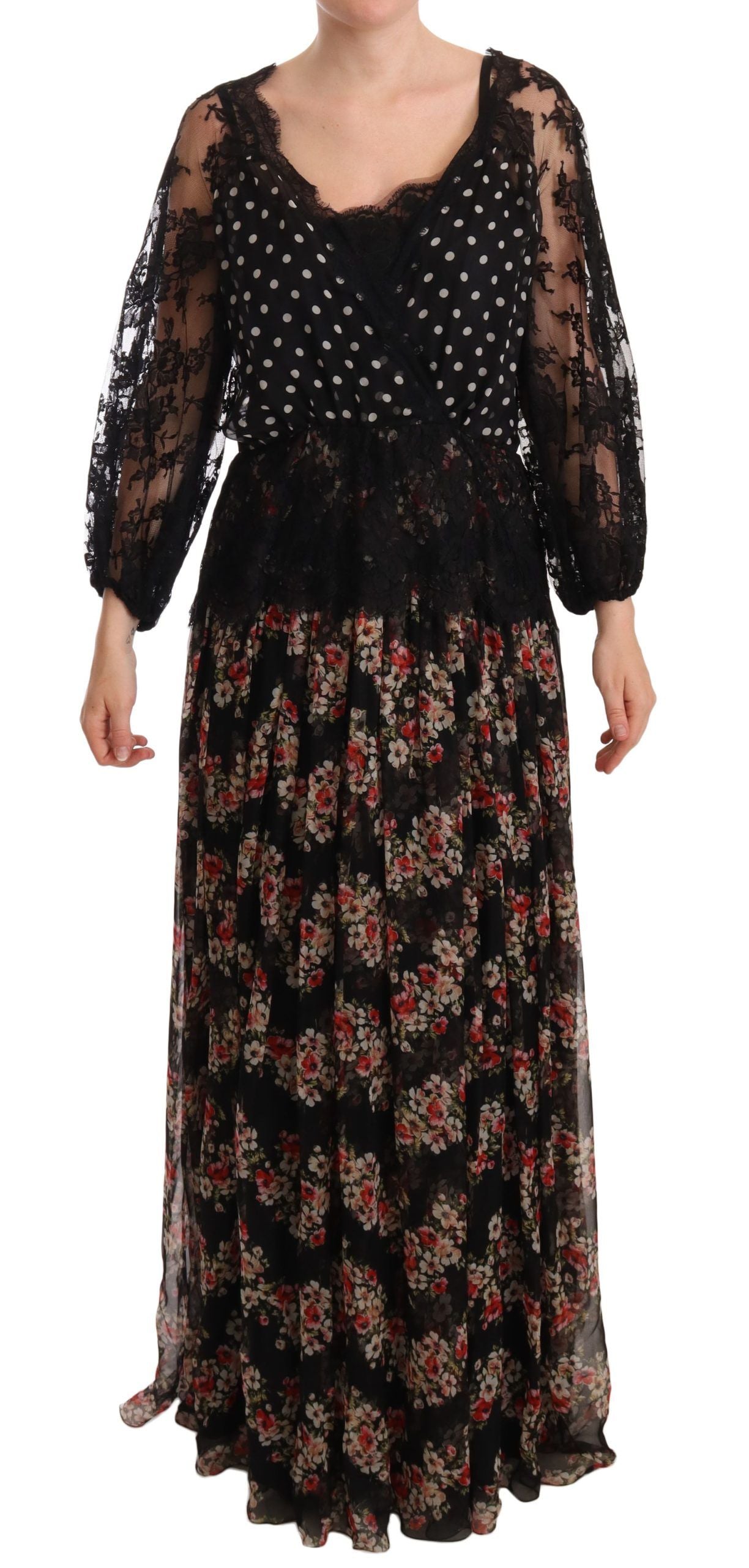 Dolce & Gabbana – Maxi-Caprikleid mit Blumenmuster und schwarzer Spitze