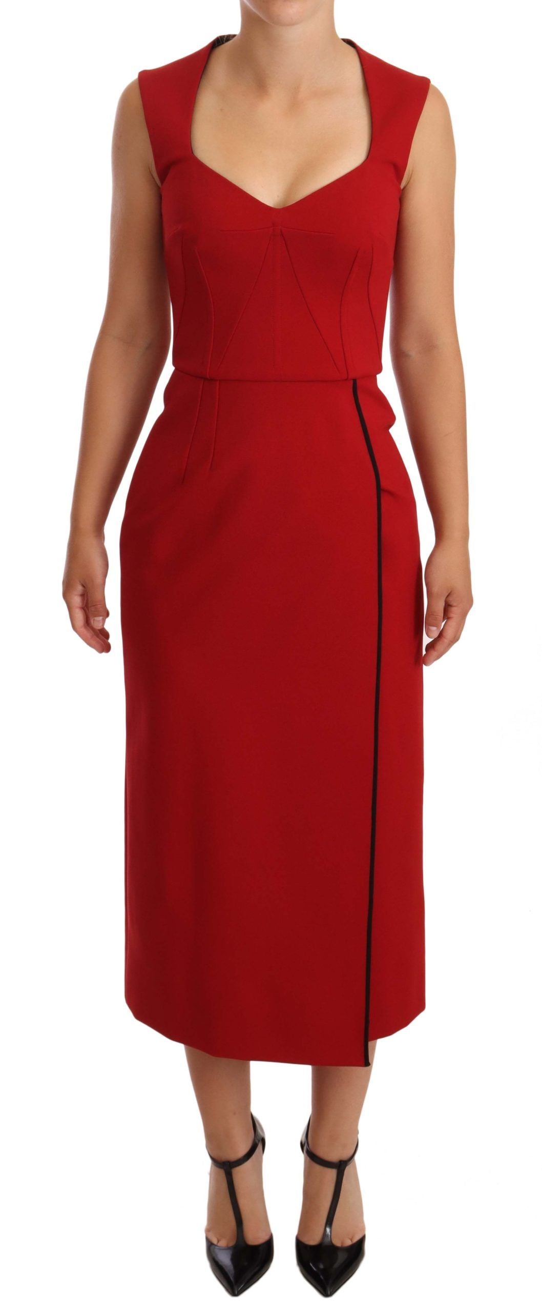 Dolce & Gabbana Rotes, ärmelloses Midi-Stretchkleid mit Herzausschnitt