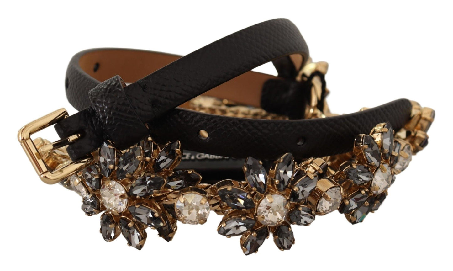 Dolce & Gabbana – Schwarzer Gürtel mit Dauphine-Struktur und Gänseblümchen-Kristallen