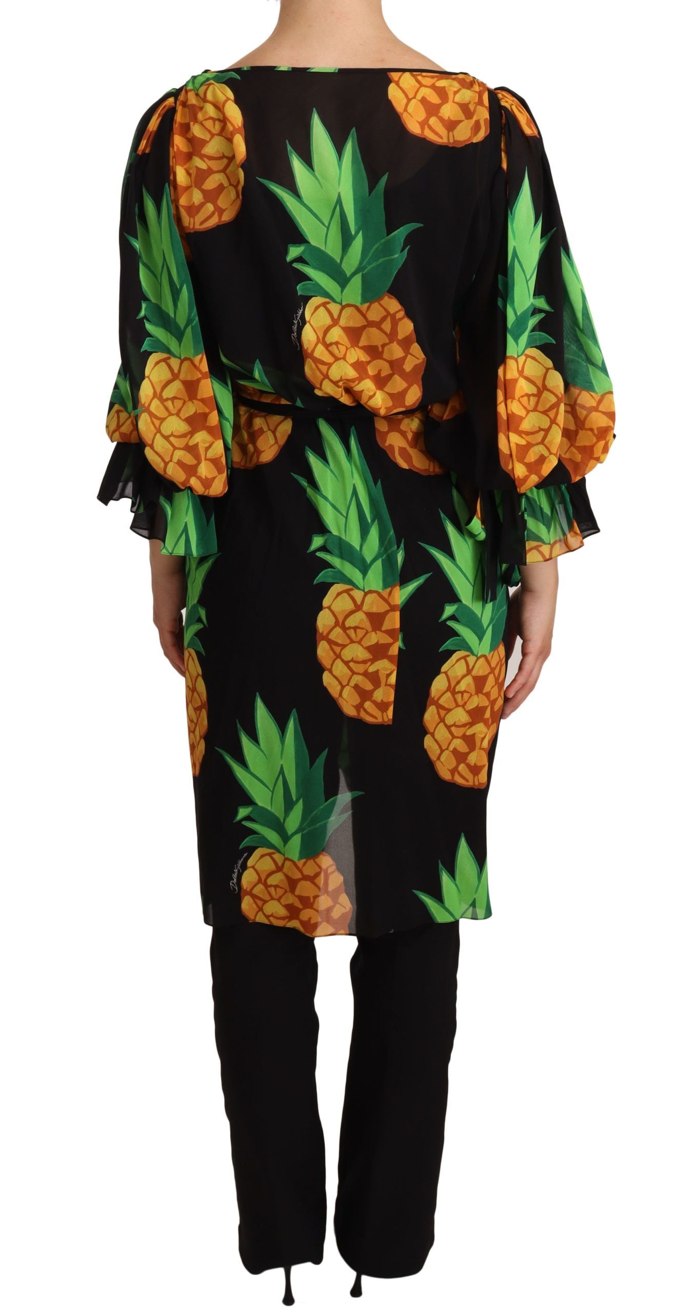 Dolce & Gabbana – Schwarzes Wickelkleid aus Stretchseide mit Ananas-Print