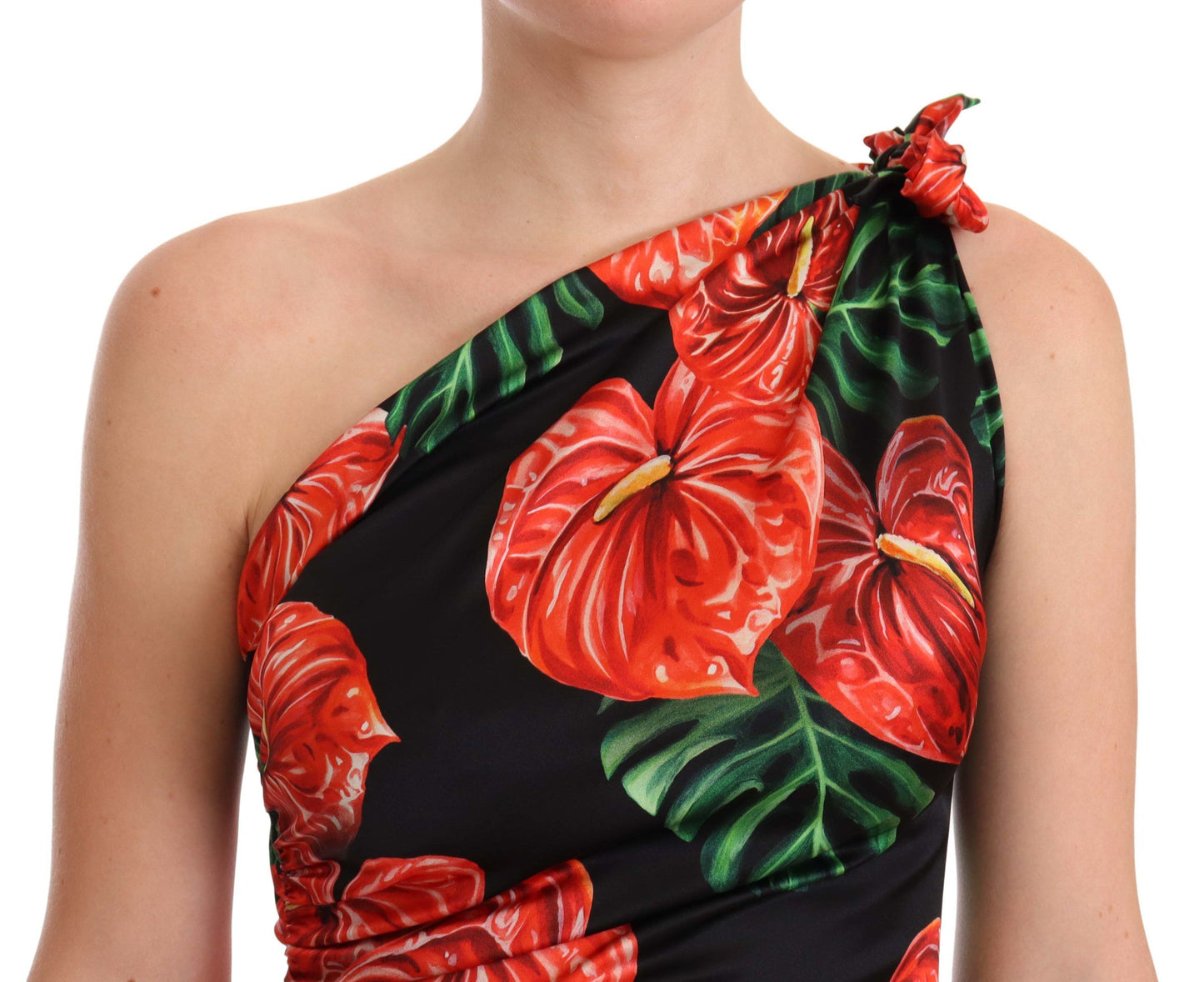 Dolce & Gabbana Schwarzes, glänzendes, drapiertes Seidenkleid mit Blumendruck