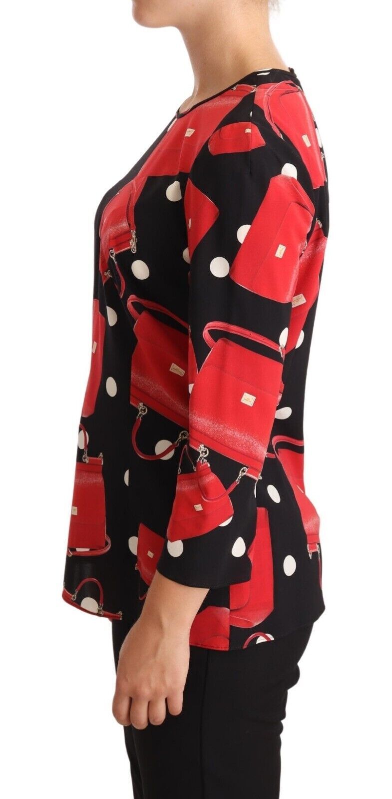 Dolce & Gabbana – Schwarze Bluse aus Seidenstretch mit Sicily-Taschen-Print