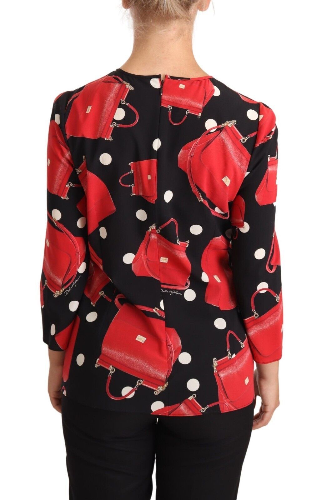 Dolce & Gabbana – Schwarze Bluse aus Seidenstretch mit Sicily-Taschen-Print