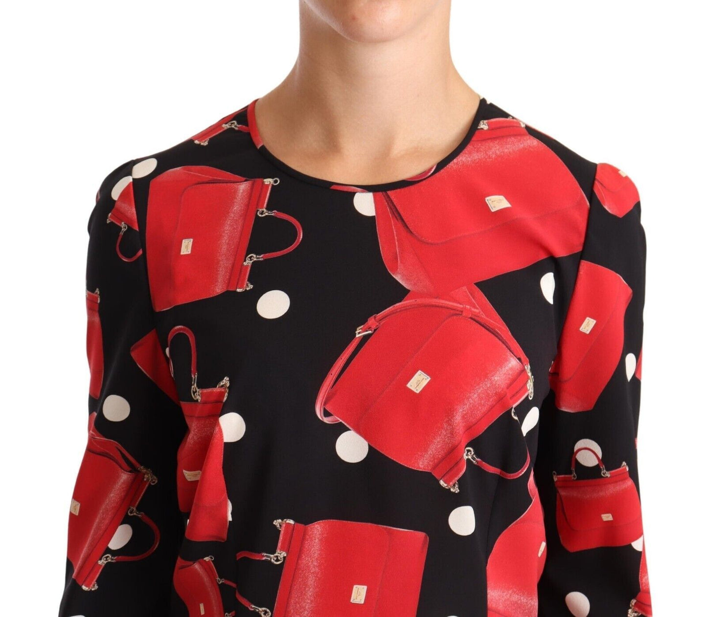 Dolce & Gabbana – Schwarze Bluse aus Seidenstretch mit Sicily-Taschen-Print