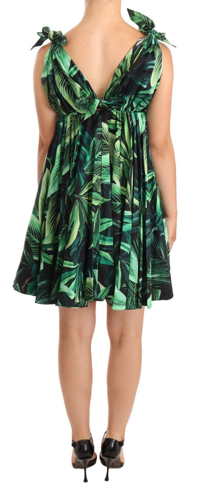 Dolce & Gabbana – Ausgestelltes Minikleid aus Baumwolle mit grünem Blätterprint