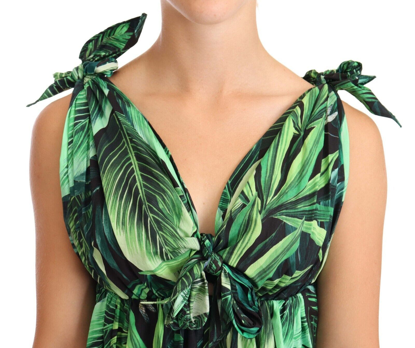 Dolce & Gabbana – Ausgestelltes Minikleid aus Baumwolle mit grünem Blätterprint