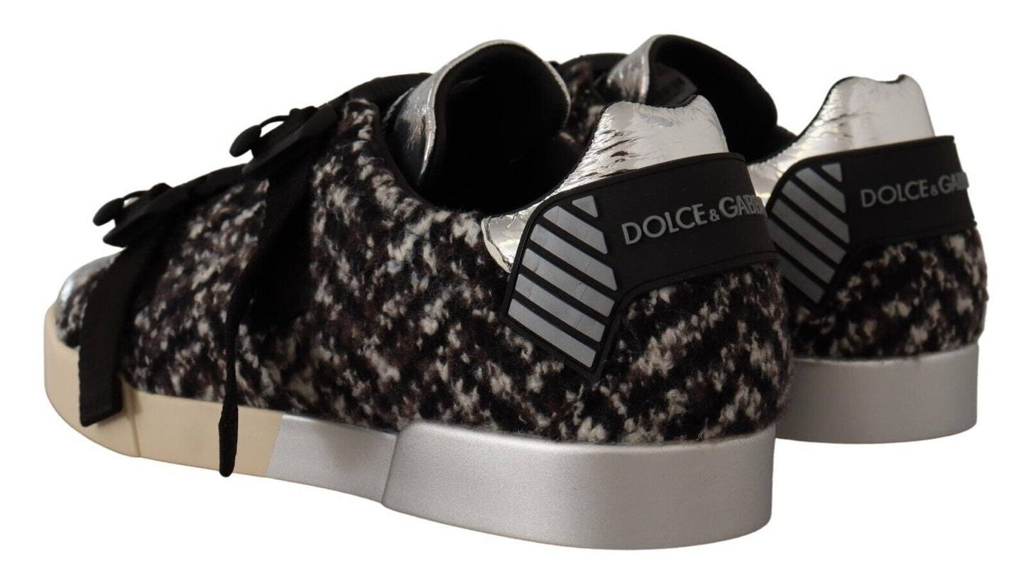 Dolce & Gabbana Silber Leder Braun Baumwolle Wolle Sneakers Schuhe