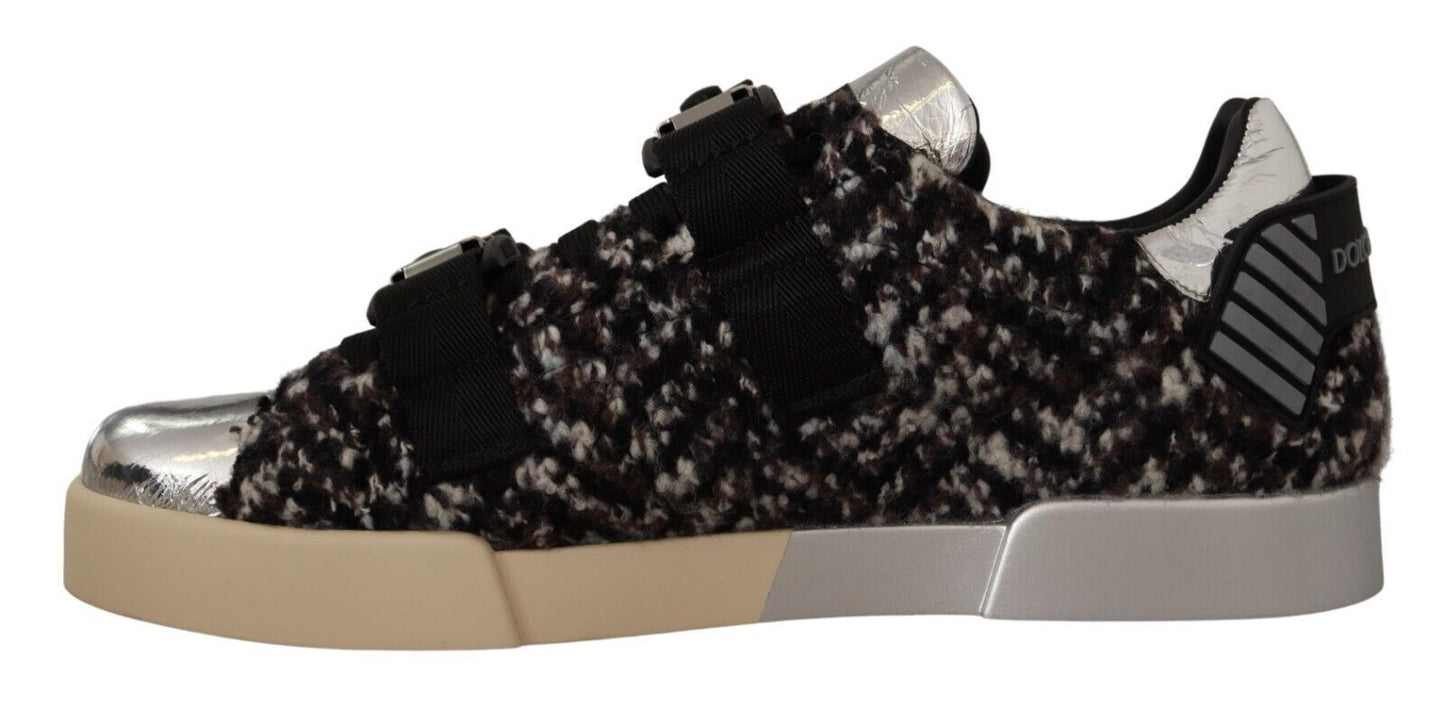 Dolce & Gabbana Silber Leder Braun Baumwolle Wolle Sneakers Schuhe