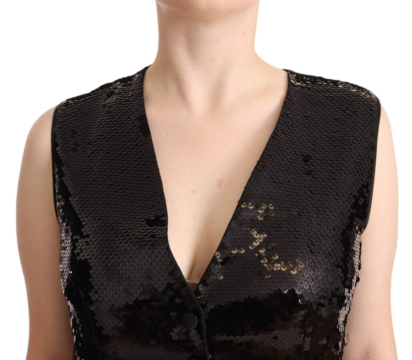 Dolce & Gabbana – Schwarzes, ärmelloses Tanktop mit V-Ausschnitt und Pailletten