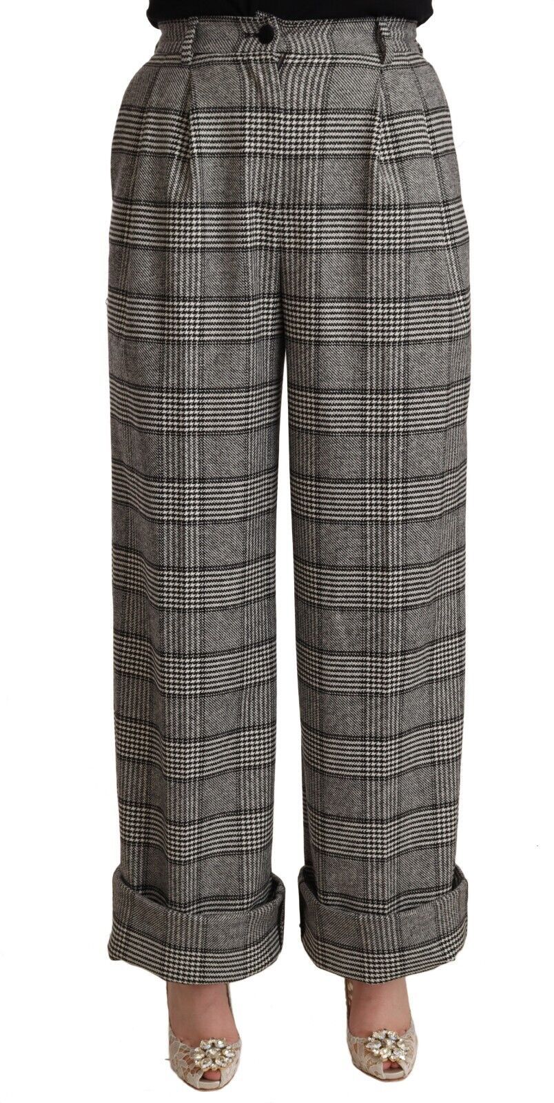 Dolce & Gabbana Graue Tartan-Hose mit geradem Bein aus Wolle