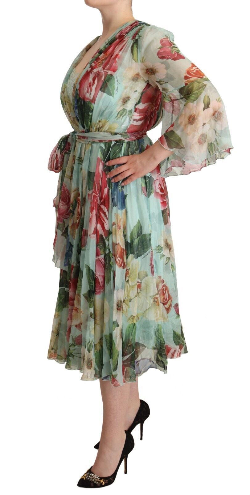 Dolce & Gabbana – Grünes, geblümtes Midikleid mit langen Ärmeln und V-Ausschnitt