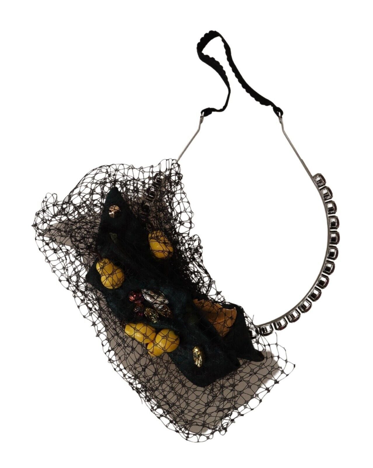Dolce & Gabbana Silberne Tiara Kristalle Früchte Schwarzes Mesh Diadem Stirnband