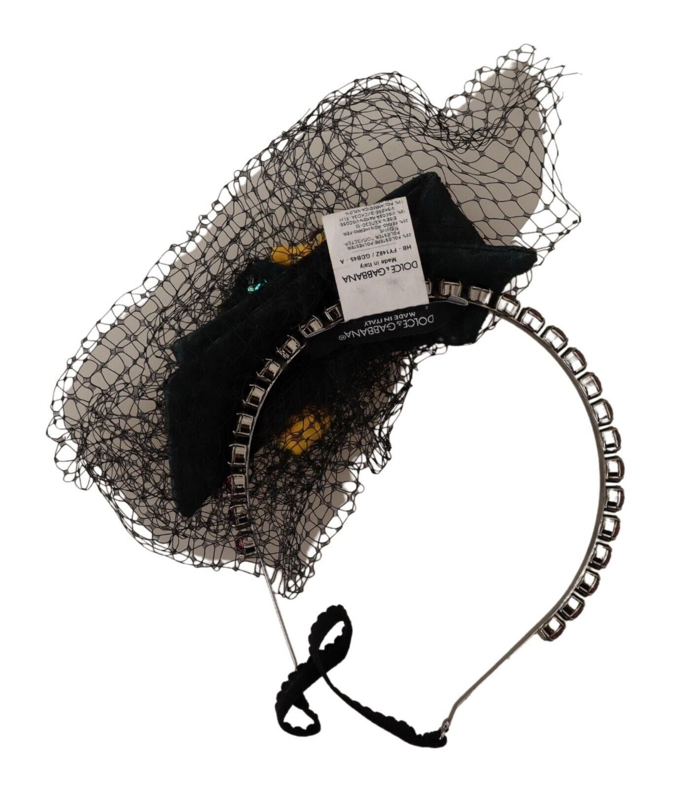 Dolce & Gabbana Silberne Tiara Kristalle Früchte Schwarzes Mesh Diadem Stirnband