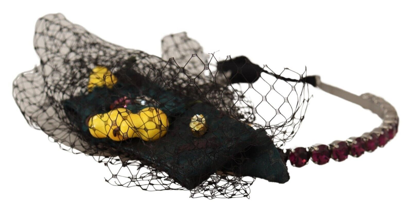 Dolce & Gabbana Silberne Tiara Kristalle Früchte Schwarzes Mesh Diadem Stirnband