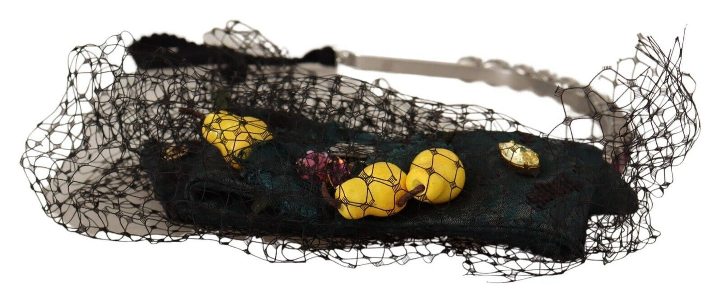 Dolce & Gabbana Silberne Tiara Kristalle Früchte Schwarzes Mesh Diadem Stirnband