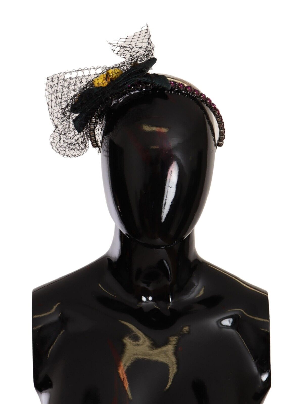Dolce & Gabbana Silberne Tiara Kristalle Früchte Schwarzes Mesh Diadem Stirnband