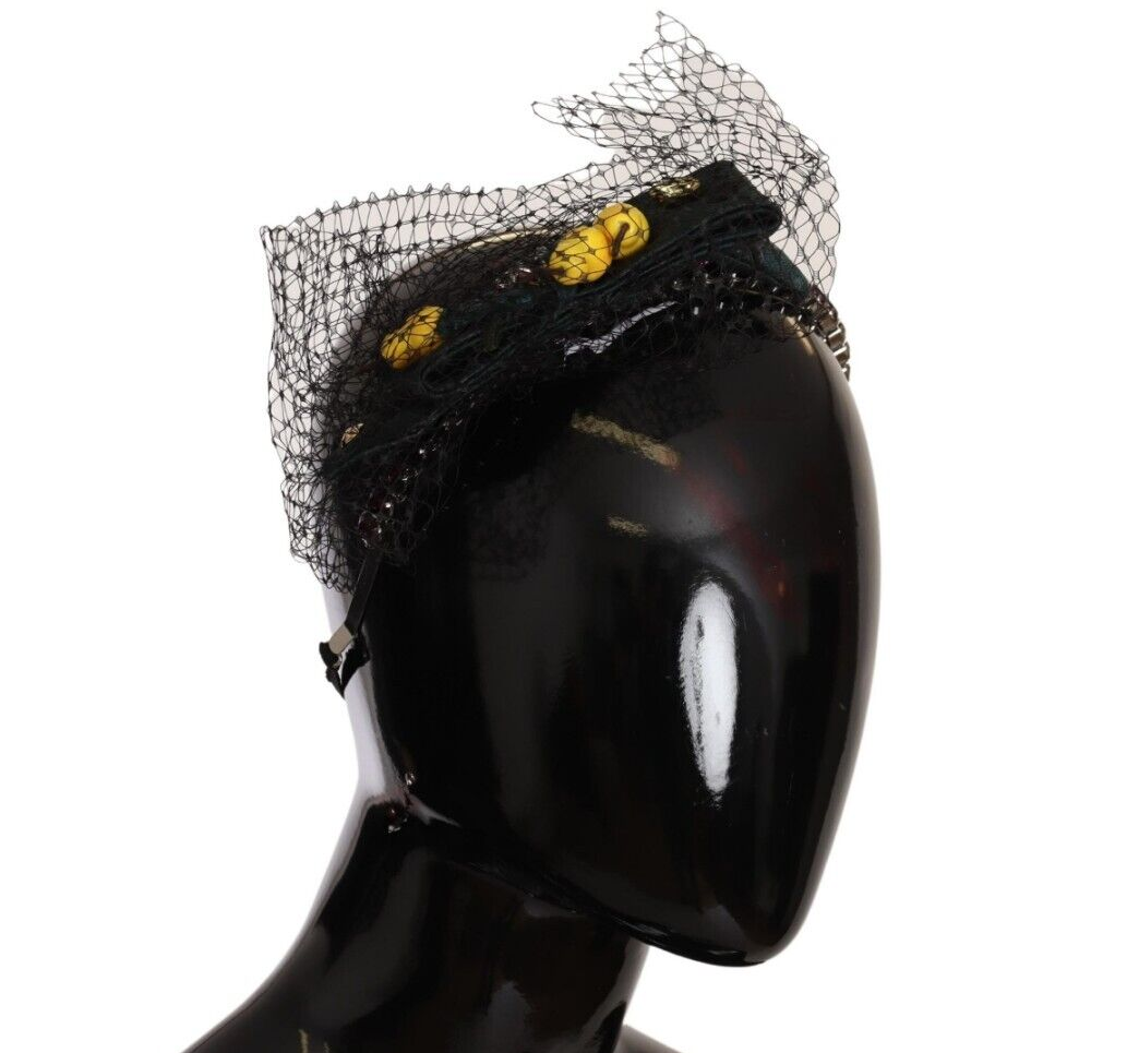 Dolce & Gabbana Silberne Tiara Kristalle Früchte Schwarzes Mesh Diadem Stirnband