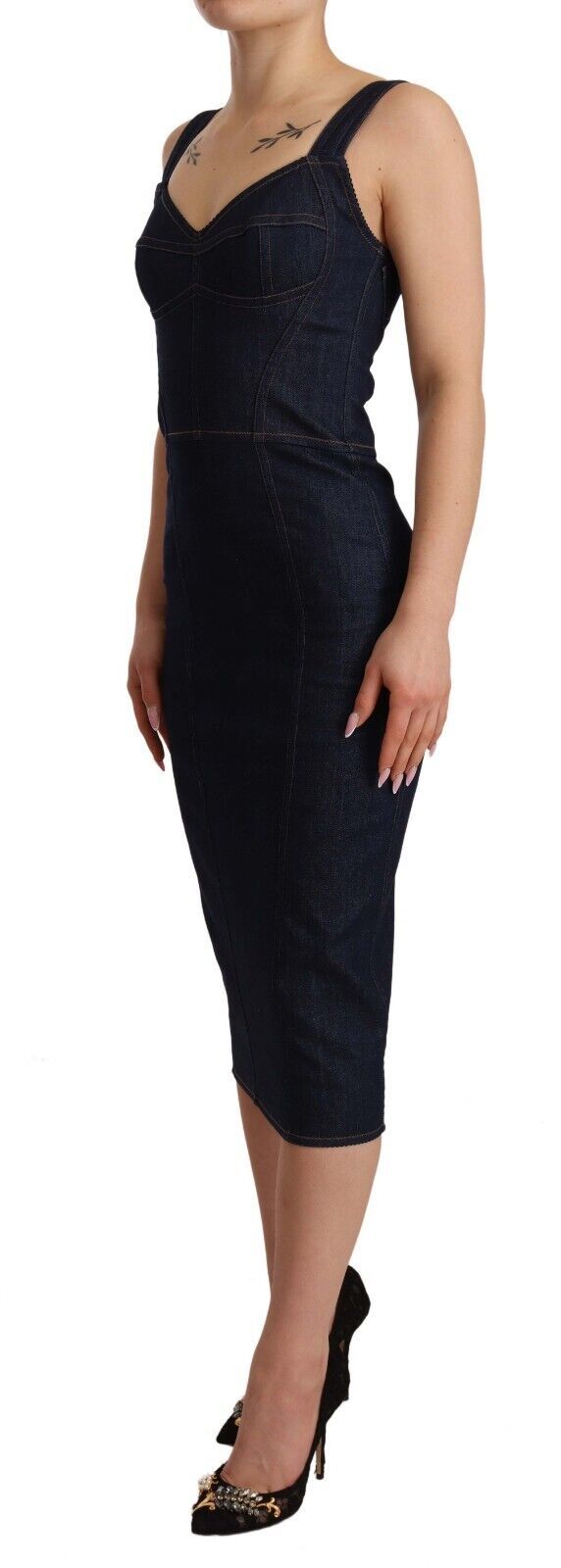 Dolce & Gabbana Dunkelblaues Midi-Etuikleid aus Baumwoll-Denim
