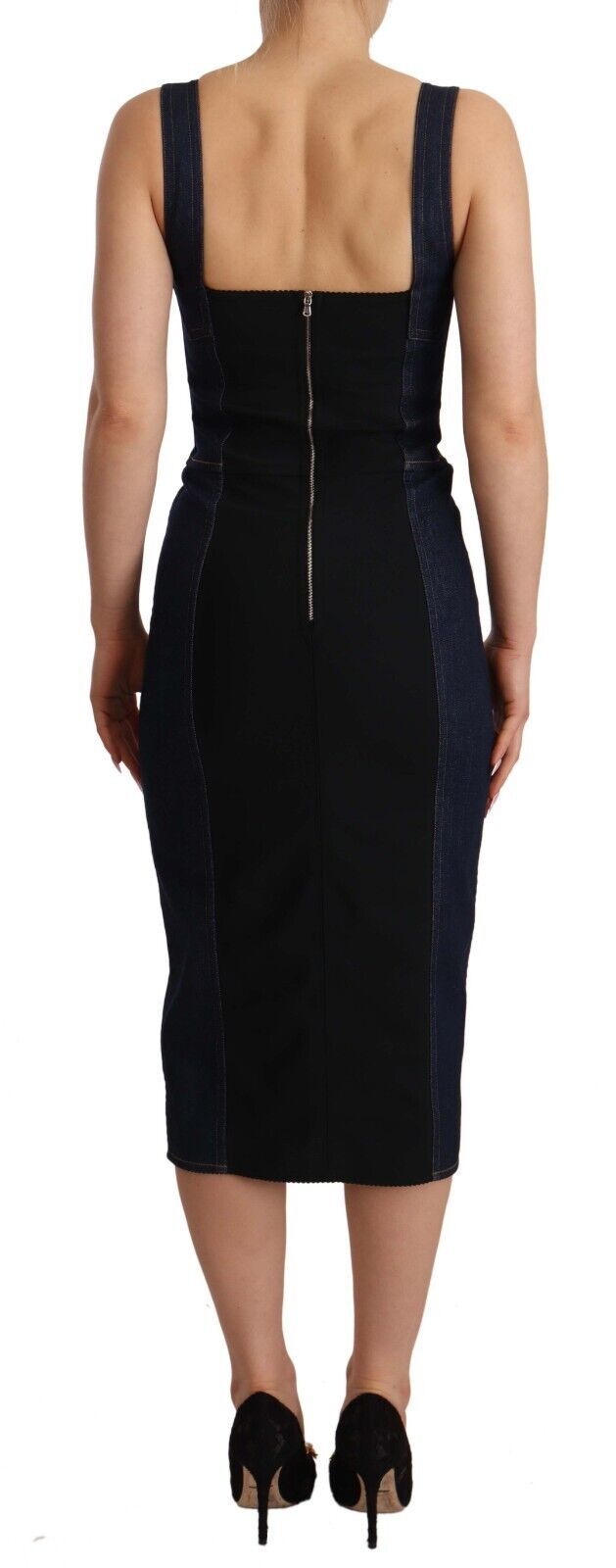 Dolce & Gabbana Dunkelblaues Midi-Etuikleid aus Baumwoll-Denim