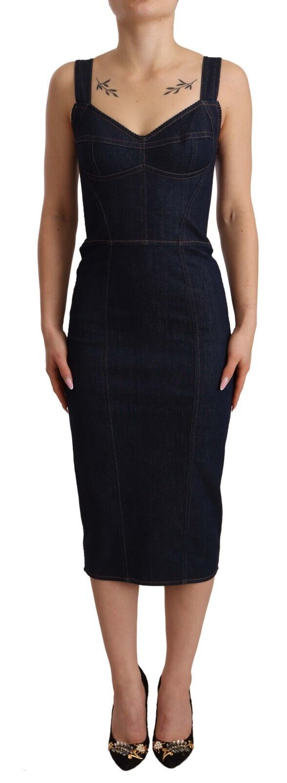 Dolce & Gabbana Dunkelblaues Midi-Etuikleid aus Baumwoll-Denim