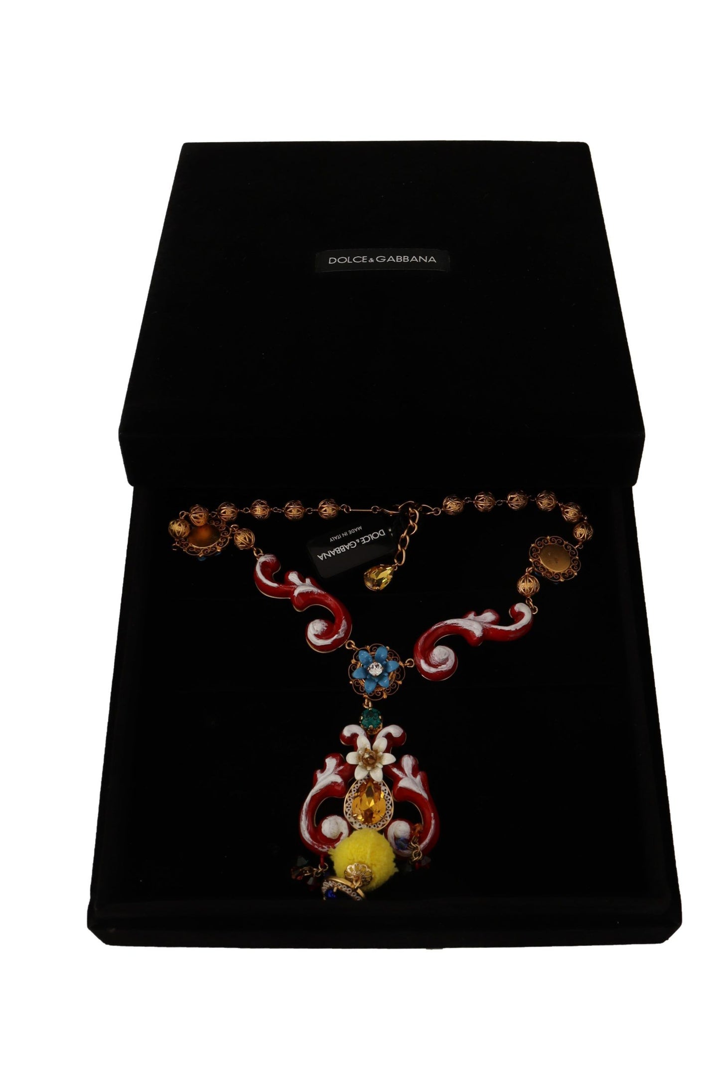 Dolce & Gabbana – Carretto Sicily – Statement-Kettenhalskette aus goldenem Messing mit Kristallen