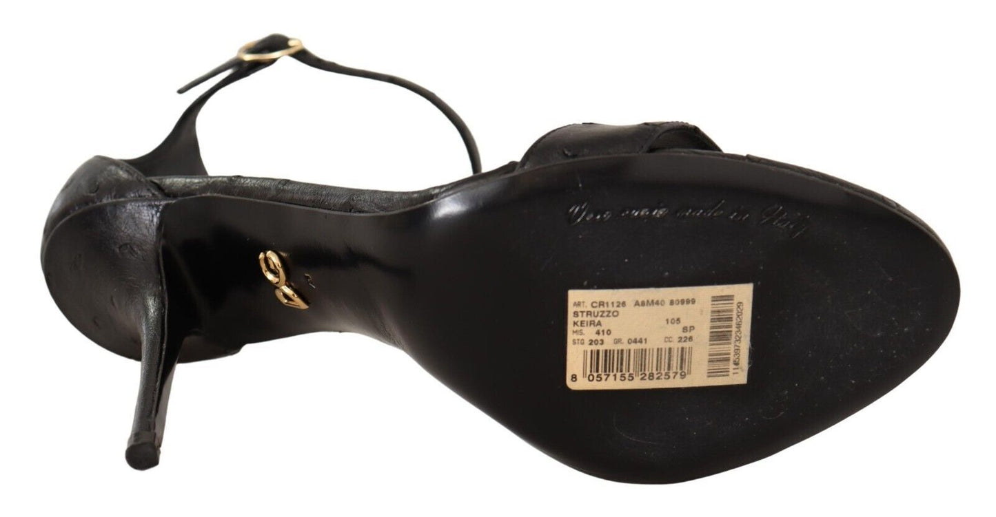 Dolce & Gabbana Schwarze Straußenleder-Sandalen mit Knöchelriemen