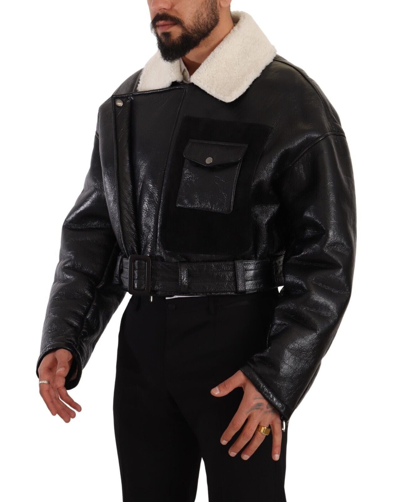 Dolce & Gabbana – Schwarze Bikerjacke aus Leder mit Lammfell