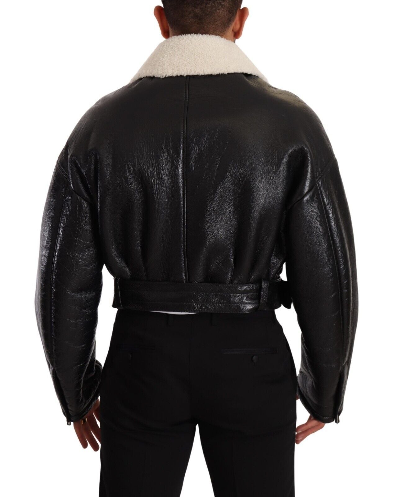 Dolce & Gabbana – Schwarze Bikerjacke aus Leder mit Lammfell