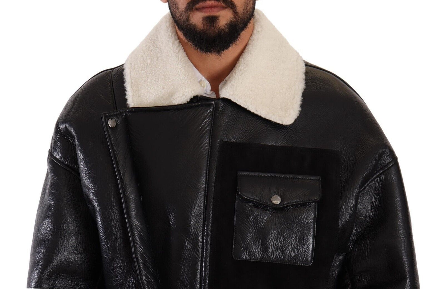Dolce & Gabbana – Schwarze Bikerjacke aus Leder mit Lammfell