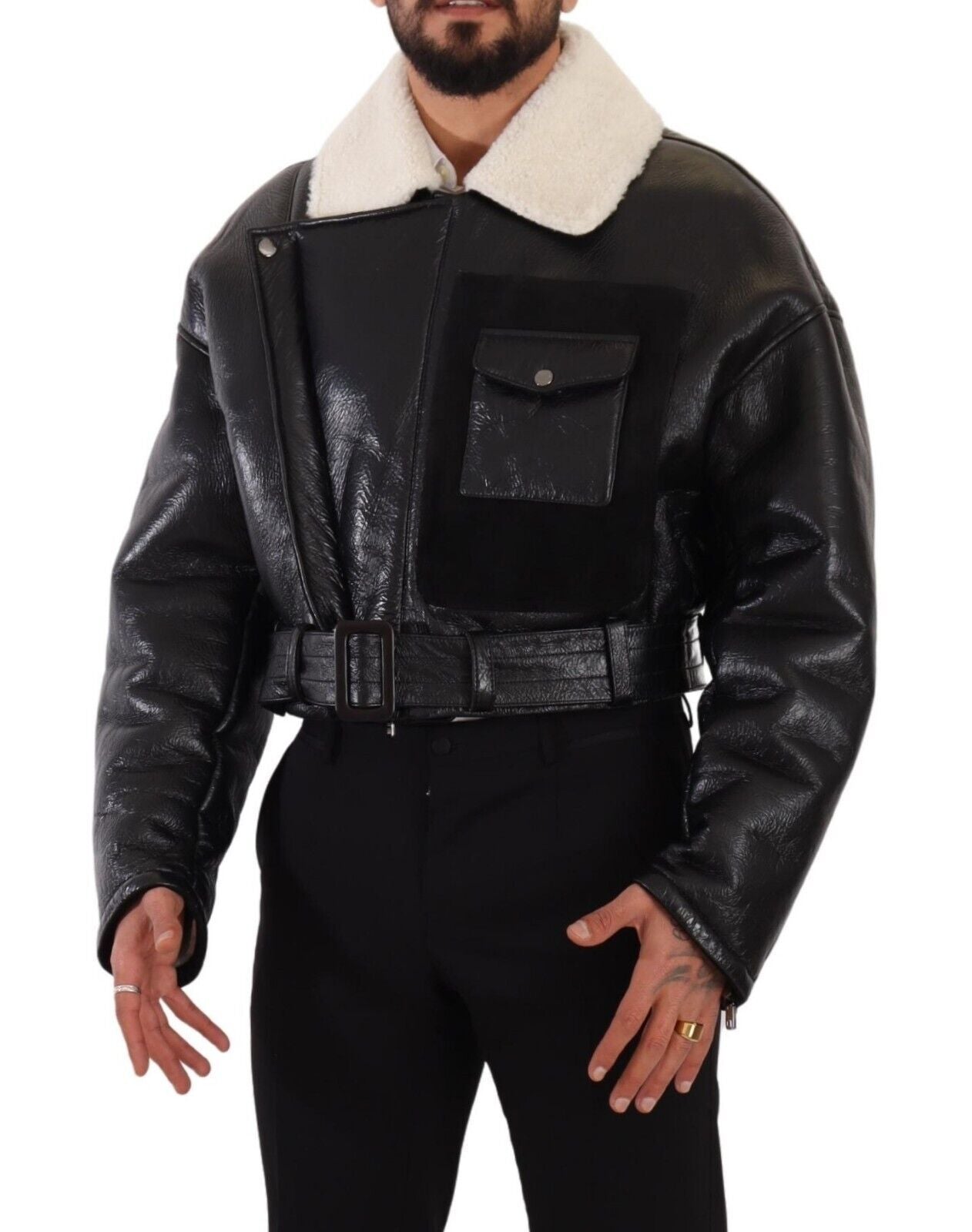 Dolce & Gabbana – Schwarze Bikerjacke aus Leder mit Lammfell