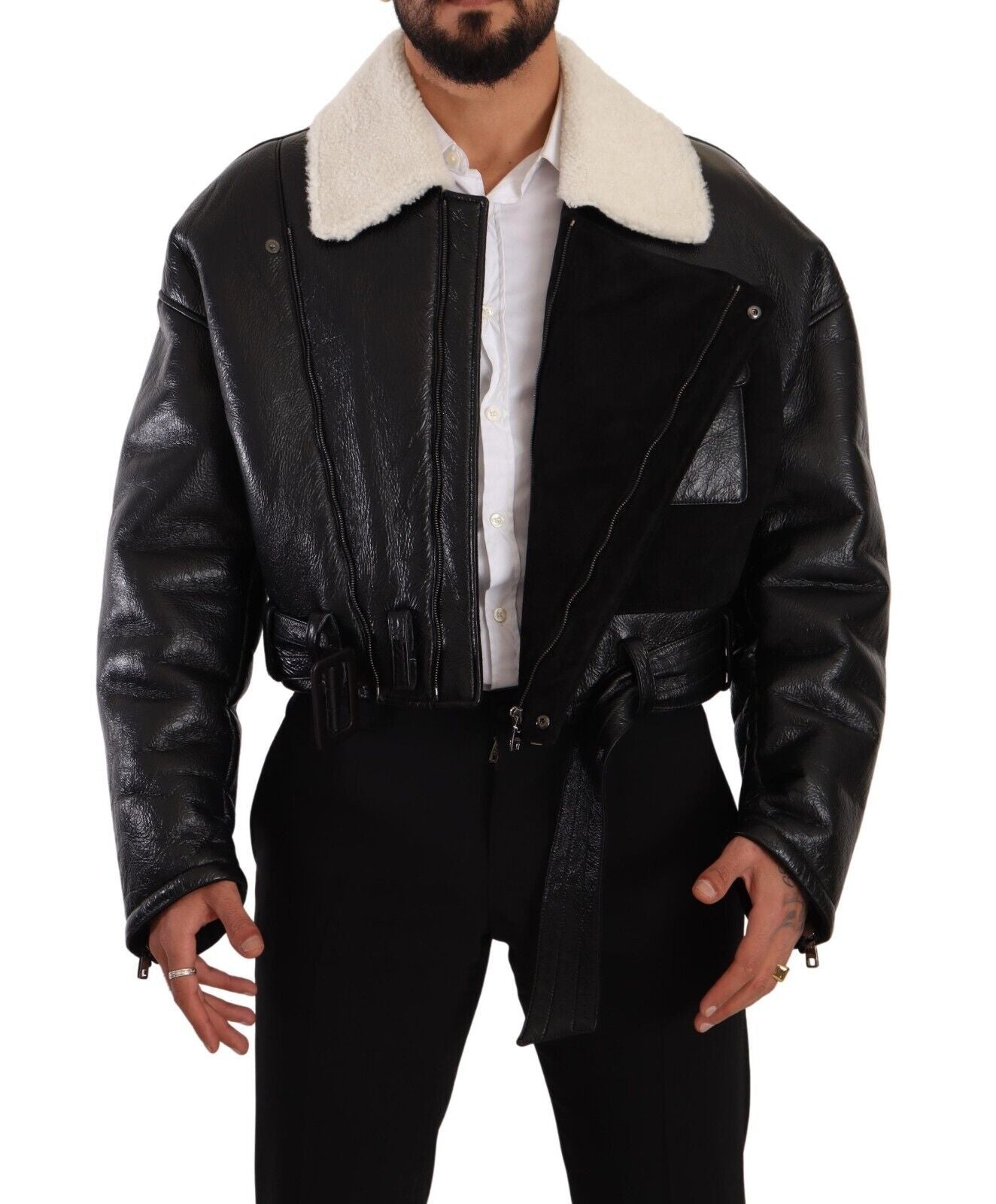 Dolce & Gabbana – Schwarze Bikerjacke aus Leder mit Lammfell