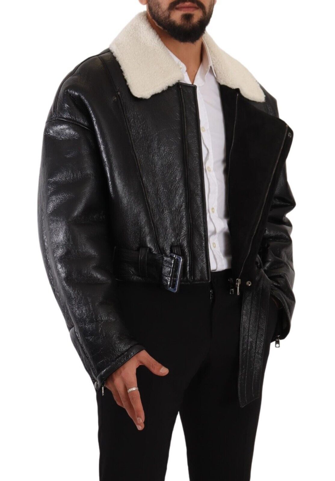 Dolce & Gabbana – Schwarze Bikerjacke aus Leder mit Lammfell